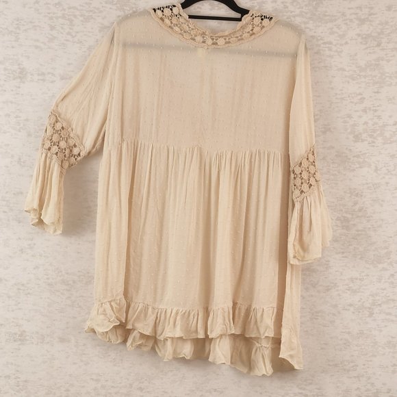 Tantrums Crochet Lace Ruffle Bell Sleeve Bohemian Oversized Peasant Blouse SZ L - Picture 4 of 4